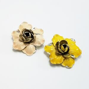 Vintage Two Enamel Metal Flower Brooches: Pink & Yellow TWIN PINS
